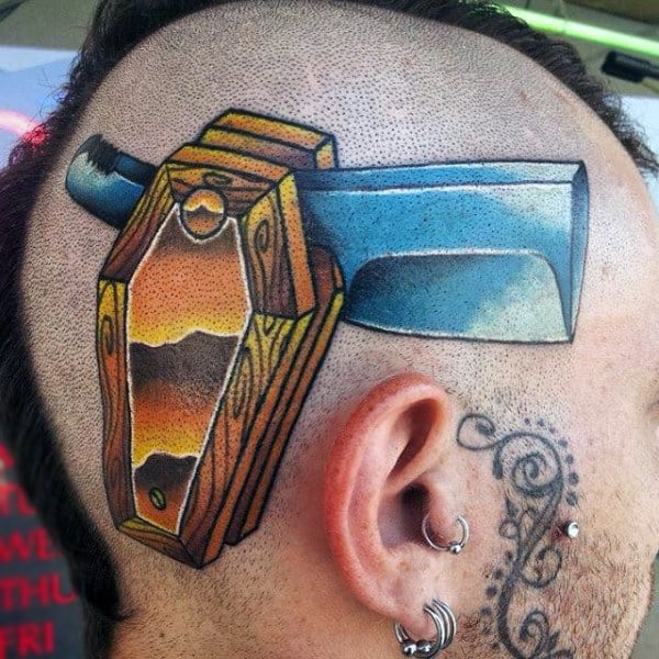 Head Tattoo Of Coffin Straight Razor Design On Man