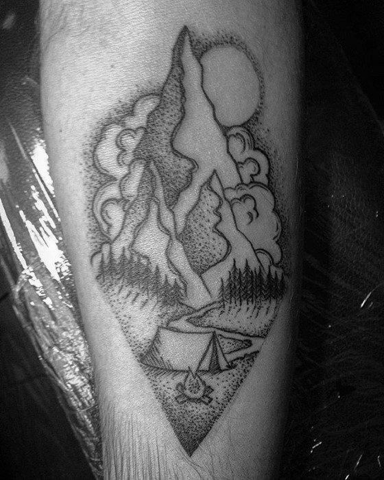 Inner Forearm Small Dotwork Camping Guys Tattoos