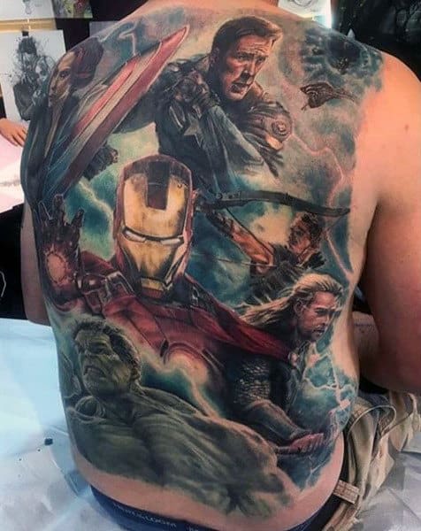 Ironman With Hulk And Superheros Guys Marvel Full Back Tattoos