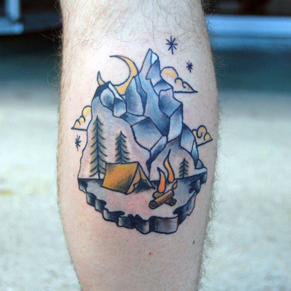 Leg Calf Camping With Mountains And Tent Tattoo Ideas For Gentlemen