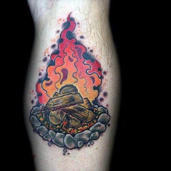 Leg Calf Fire Camping Male Tattoo Ideas