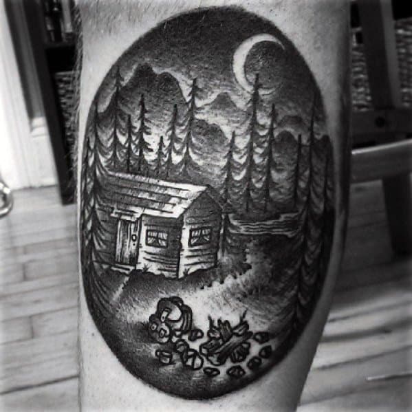 Leg Calf Guys Tattoo Ideas Camping With Cabin In The Woods Designs