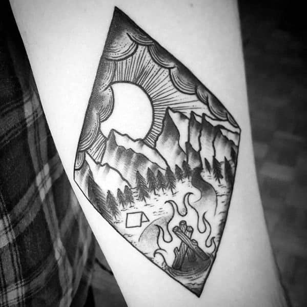 Male Camping Small Forearm Tattoo Design Inspiration