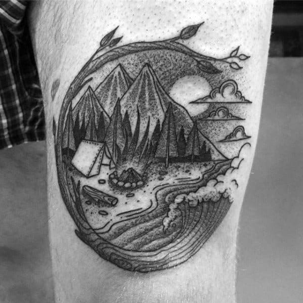 Male Cool Camping Thigh Shaded Tattoo Ideas