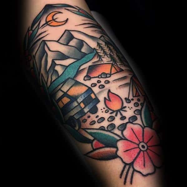 Male Forearm Tattoo With Camping Design