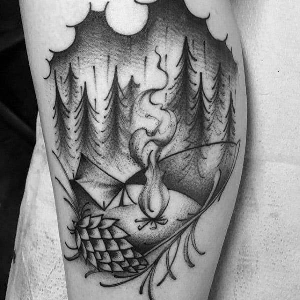 Male With Cool Black And Grey Ink Leg Camping Tattoo Design