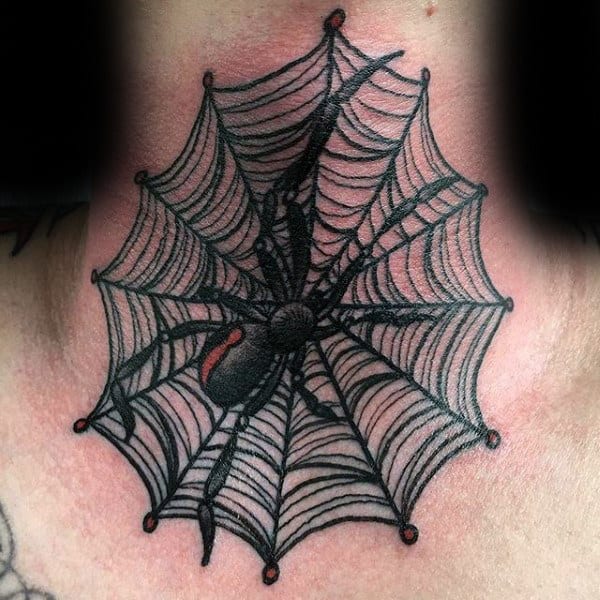 Spider tattoo on neck featuring a black spider on an intricate web