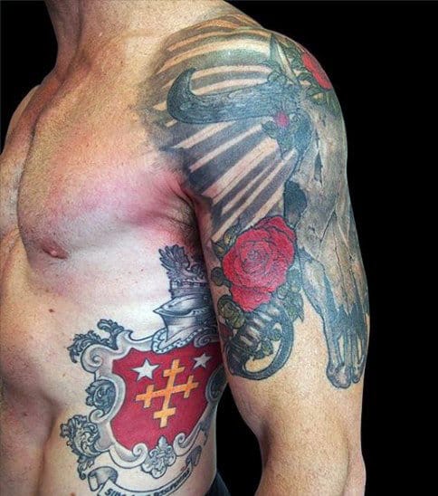 Man With Family Crest Tattoo On Rib Cage Side In Red Ink