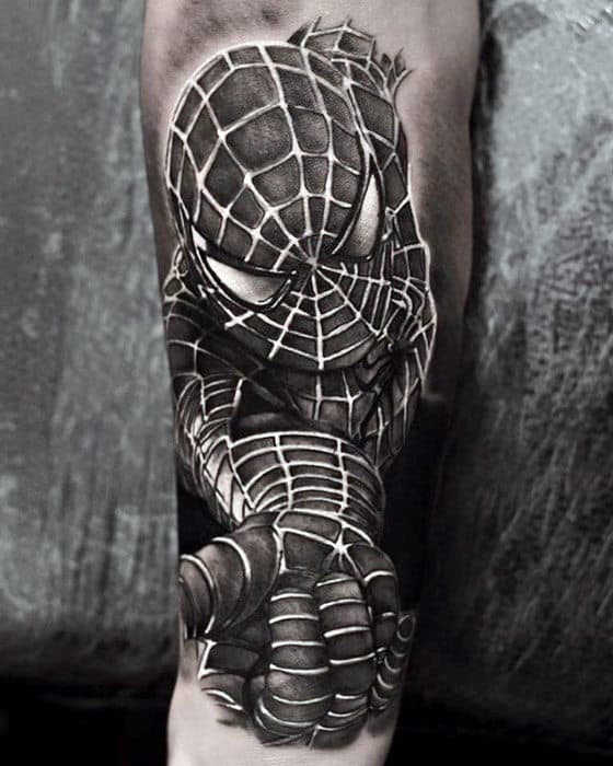 Mens 3d Realistic Marvel Spiderman Superhero Inner Forearm Tattoo Ideas