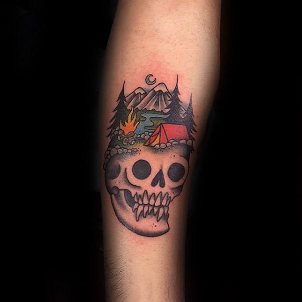 Mens Camping Tattoo Design Inspiration On Forearm With Skull