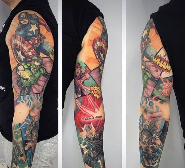 Mens Comic Themed Superhero Marvel Sleeve Tattoo Ideas