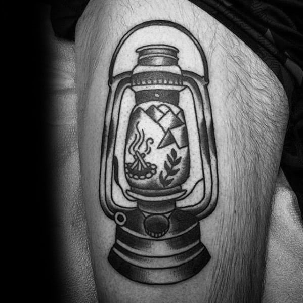 Mens Cool Camping Tattoo Ideas On Thigh With Latern Design