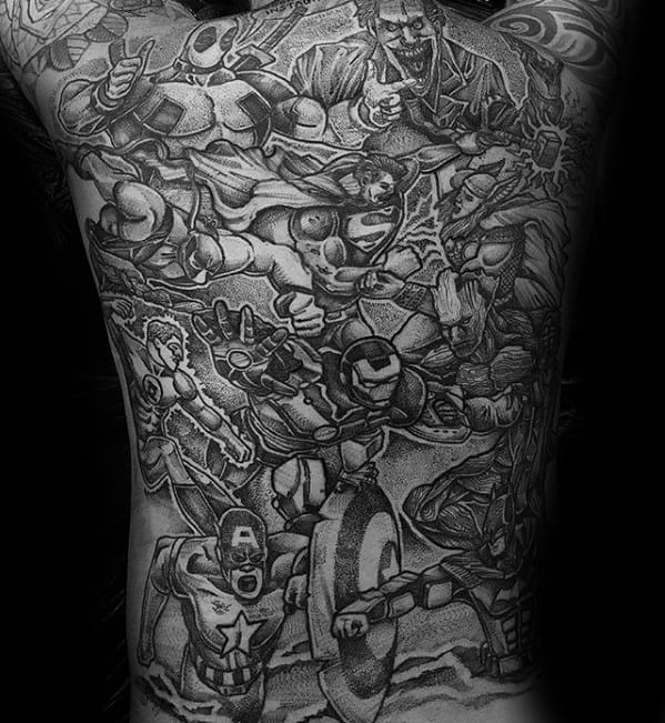 Mens Detailed Full Back Marvel Themed Tattoo Ideas