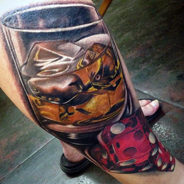 Mens Dice And Whiskey Glass Tattoo On Leg