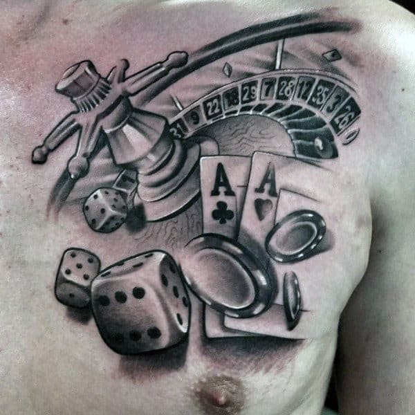 Mens Dice Tattoo With Cards And Chips On Upper Right Chest