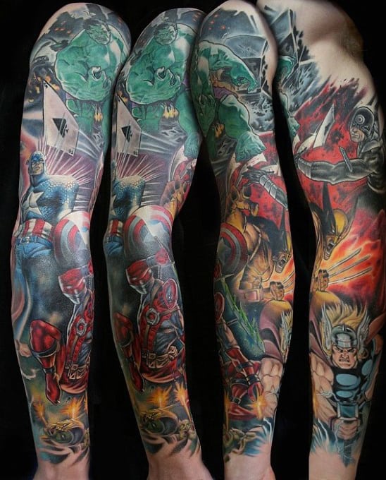 Mens Full Arm Superhero Marvel Themed Tattoo Sleeve