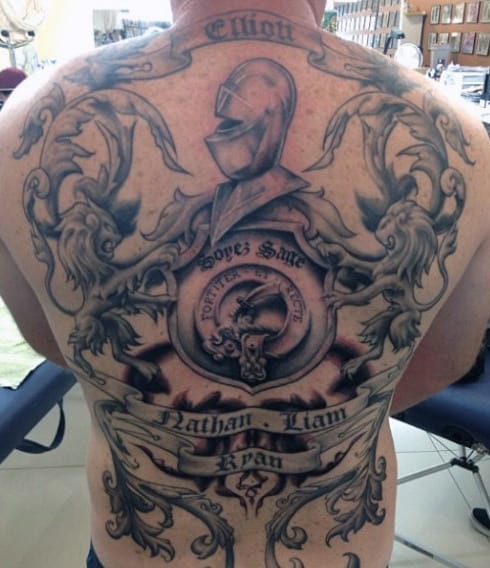 Mens Full Back Family Crest Tattoo