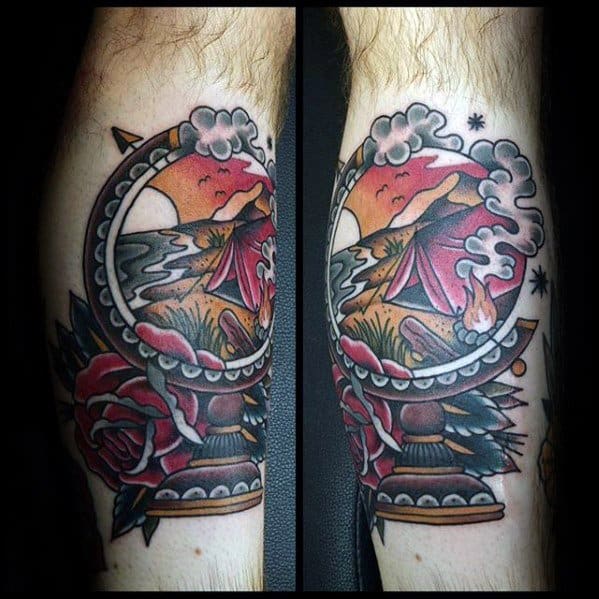 Mens Old School Leg Calf Camping Tattoo