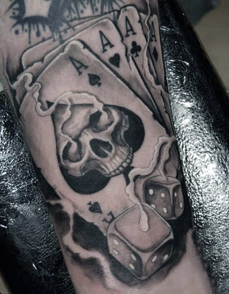 Mens Smoking Dice Tattoo With Playing Cards On Arm