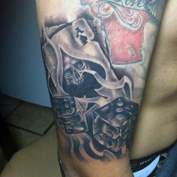 Mens Upper Arm Ace Of Spades And Dice Tattoo