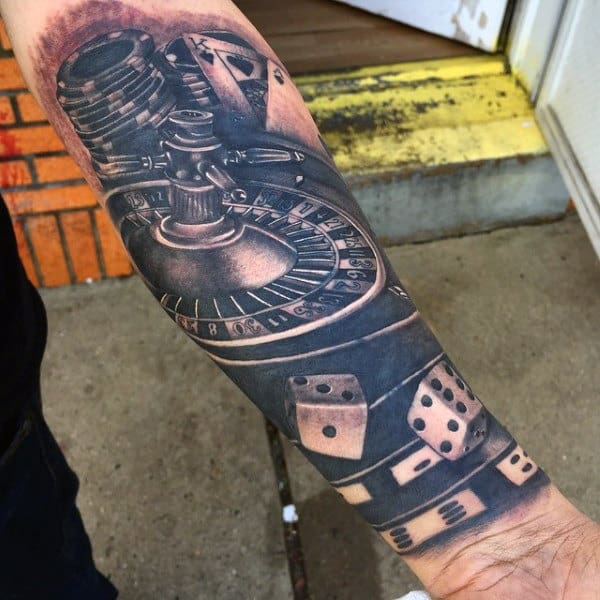 Mens Wrist Sleeve Rolling Dice Tattoo In Black Ink