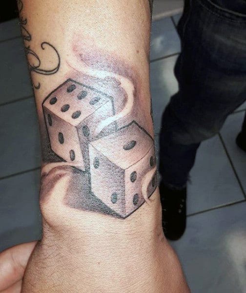 Mens Wrist Smoking Dice Tattoos In Light Grey Ink