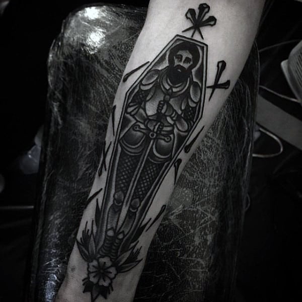 Middle Ages Knight Coffin Tattoo Design For Men On Forearm