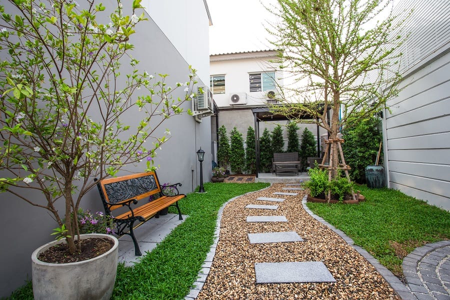 modern stone paver backyard pathway