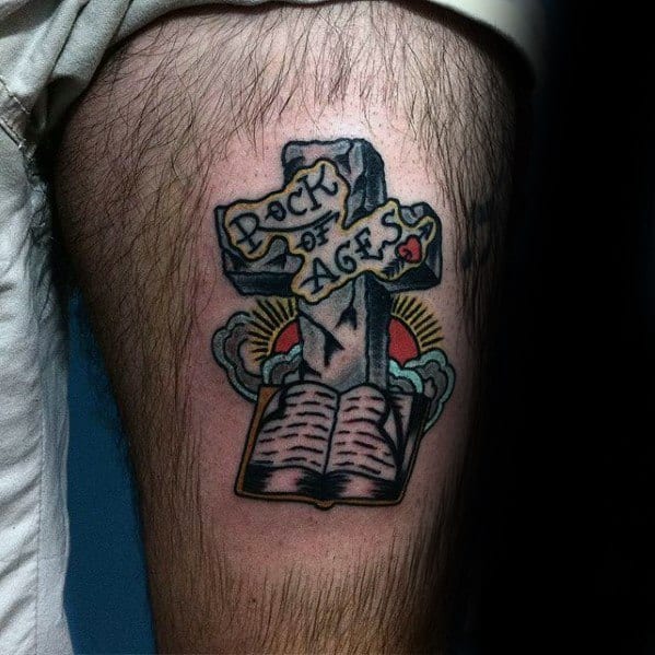 Old School Traditional Small Religious Cross Bible Mens Thigh Tattoo