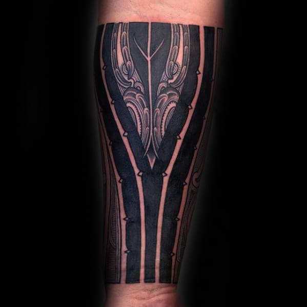 Ornate Blackwork Polynesian Guys Tribal Forearm Tattoo