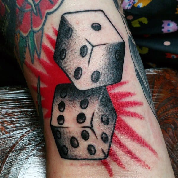 Pair Of Dice With Red Bang Tattoo For Men On Inner Arm