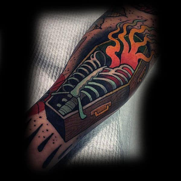 Pine Coffin With Skeleton And Flames Tattoo Forearm Mens Tattoo