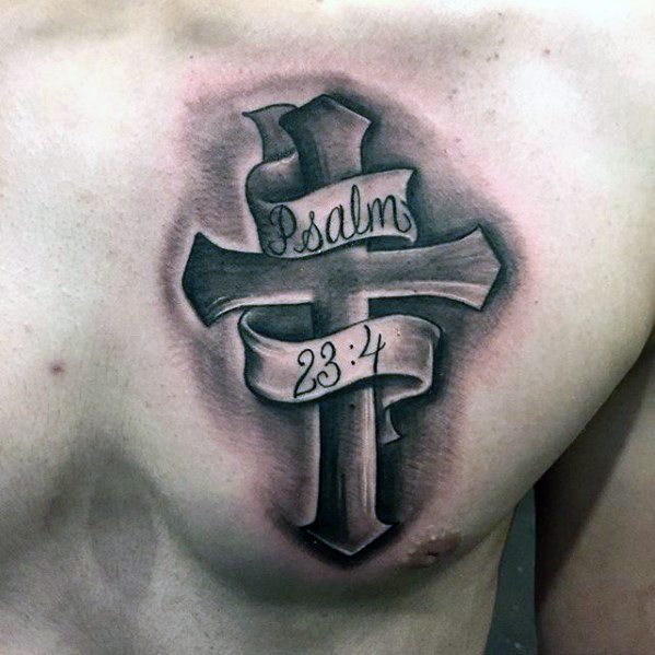 Psalm 23 4 Small Religious Cross Upper Chest Tattoo For Men