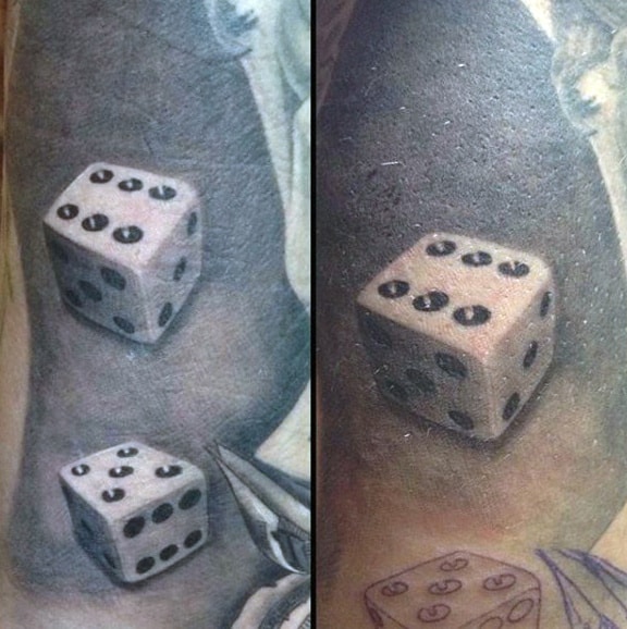 Realistic Grey And White Male Dice Tattoo Style