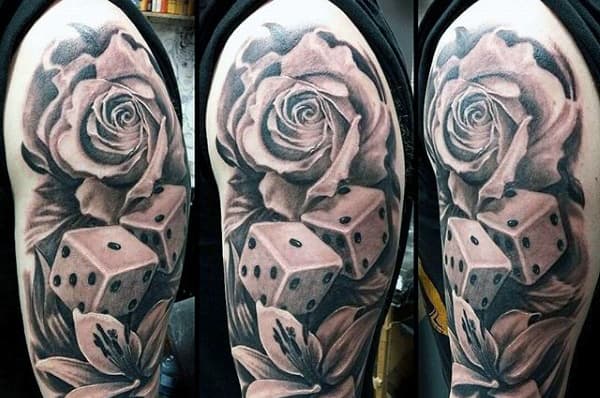 Rose Flower Dice Mens Tattoo On Upper Arm