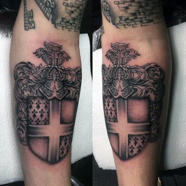 Shield Family Crest Mens Tattoo On Inner Forearm