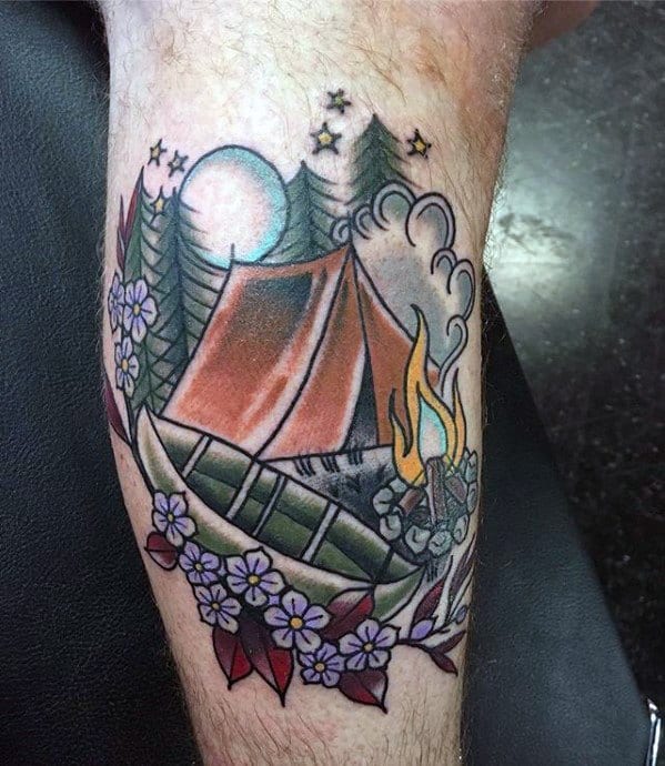 Side Of Leg Camping Tattoo Designs For Guys