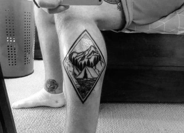 Side Of Leg Mountains Camping Mens Tattoo Designs