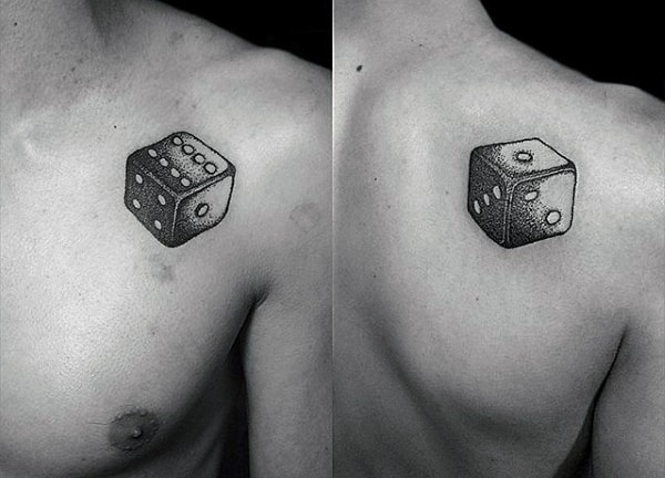 Simple Small Male Dice Tattoo On Chest And Shoulder