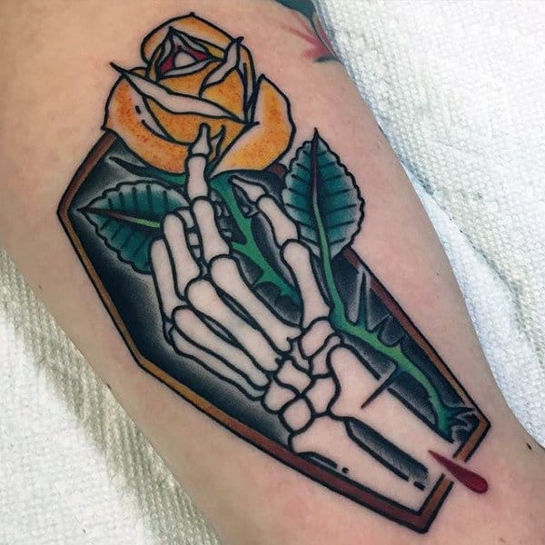 Skeleton Hand With Yellow Rose Mens Coffin Tattoo