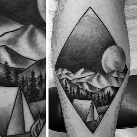 Small Leg Calf Shaded Mens Tattoo Camping Design