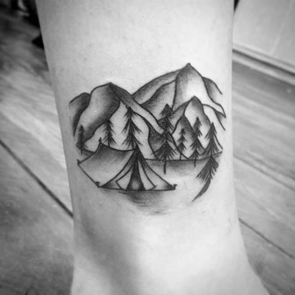 Small Simple Shaded Black And Grey Ink Lower Leg Camping Tattoo Ideas On Guys