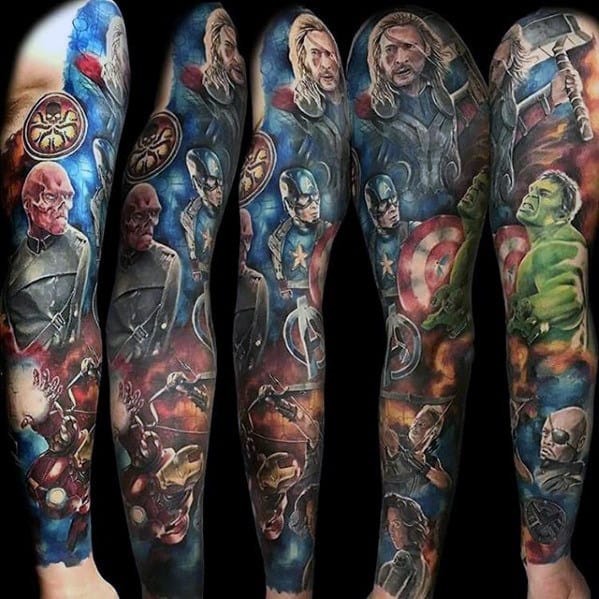 Superhero Character Themed Guys Marvel Full Sleeve Tattoo Ideas