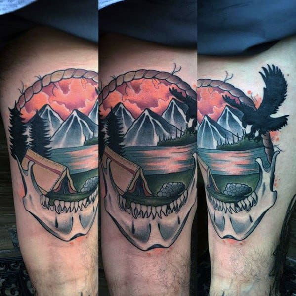 Thigh Camping Tattoo Ideas For Males