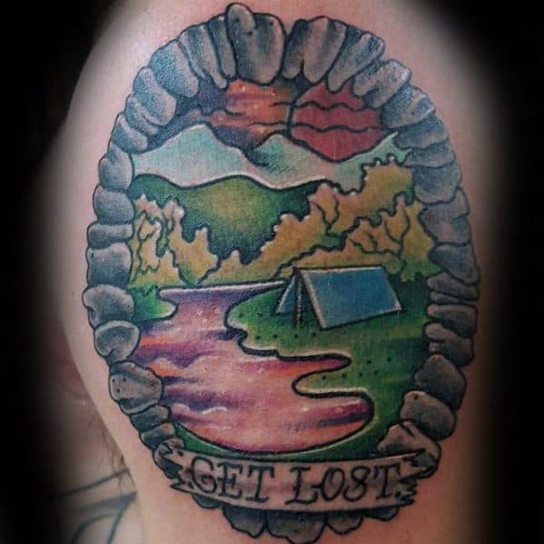 Upper Arm Get Lost Banner Mens Tattoo With Camping Design