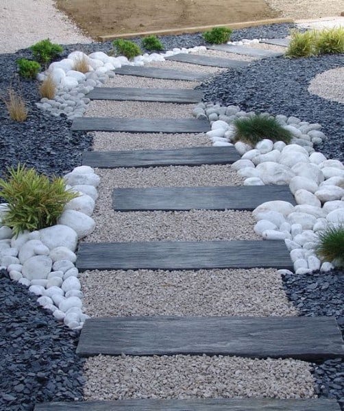 wood beam gravel walkway