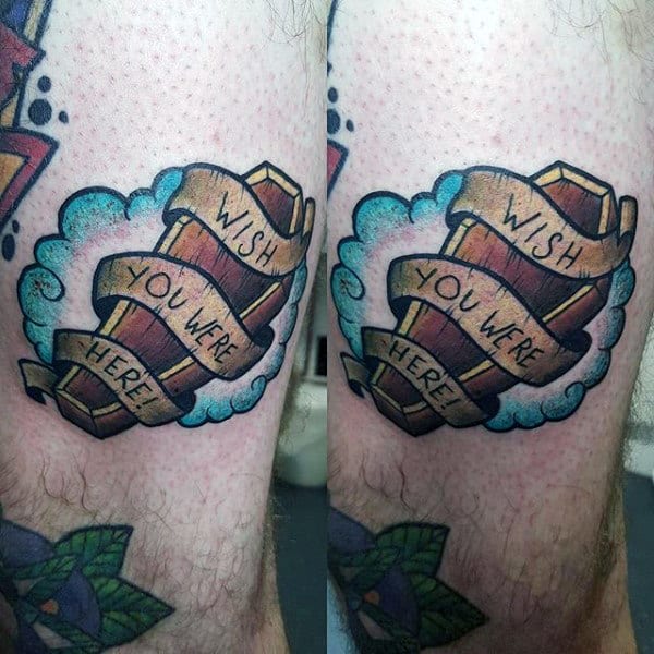 Wish Youwere Here Wood Coffin With Blue Clouds Guys Tattoo