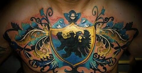 Yellow And Blue Family Crest Mens Chest Tattoo