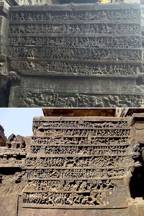 Panels depicting scenes from the Mahabharata and the Ramayana.