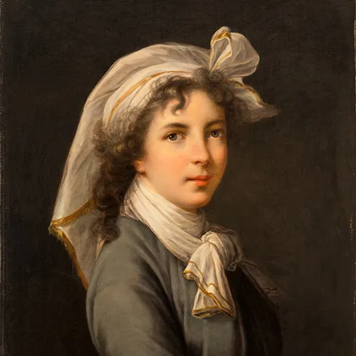 Wearing a white, gold-trimmed head wrap and matching scarf, a light-skinned woman looks at the viewer, shown in a three-quarter pose against a dark backdrop in a portrait painting. Tousled curls of brown hair rest on her forehead and shoulders.